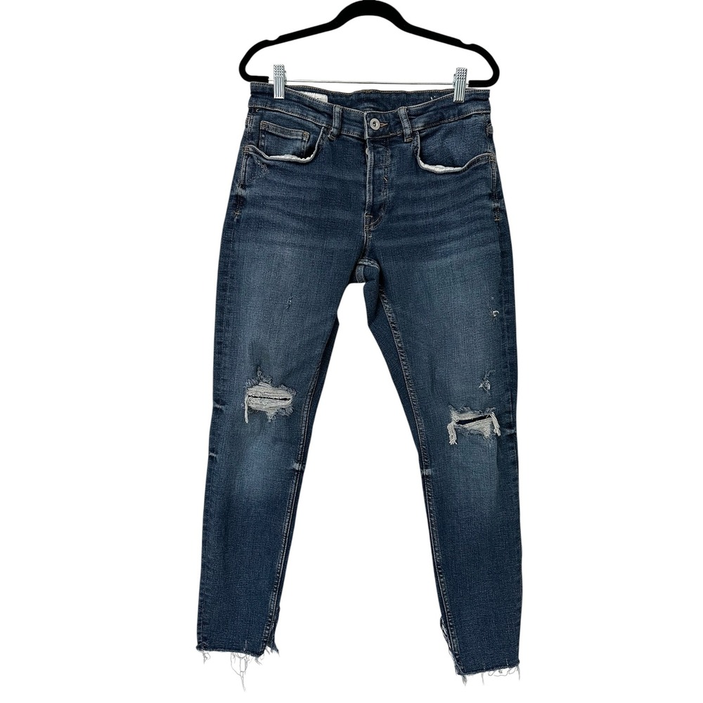 Zara Womens Skinny Distressed Jeans Dark Wash Ripped Knee Raw Step Hem Size 31